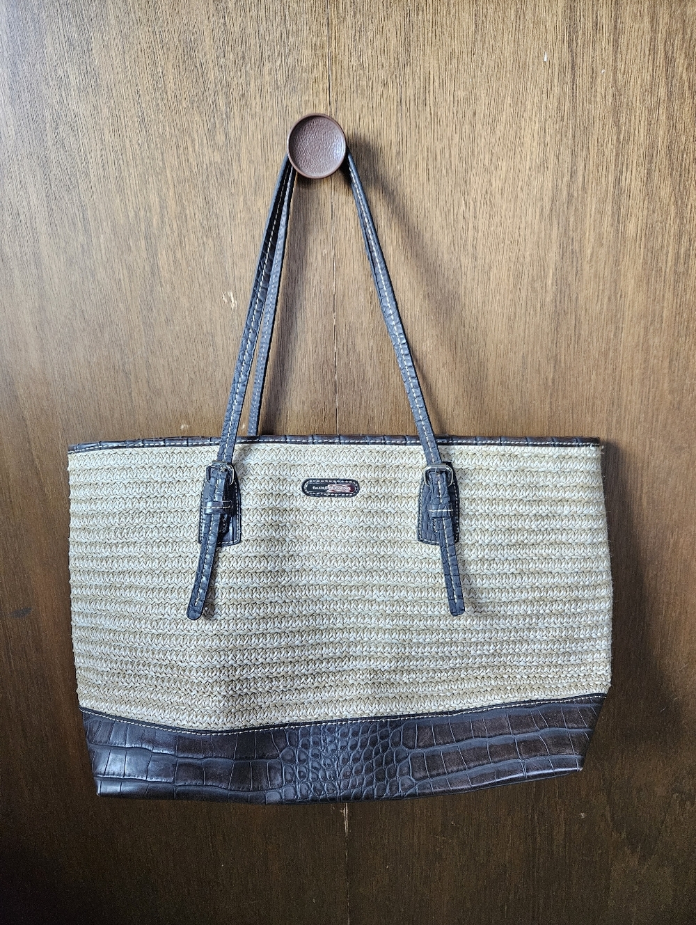 Dana Buchman Natural Straw Tote with Dark Brown Faux-Croc Trim Boho Beach Summer